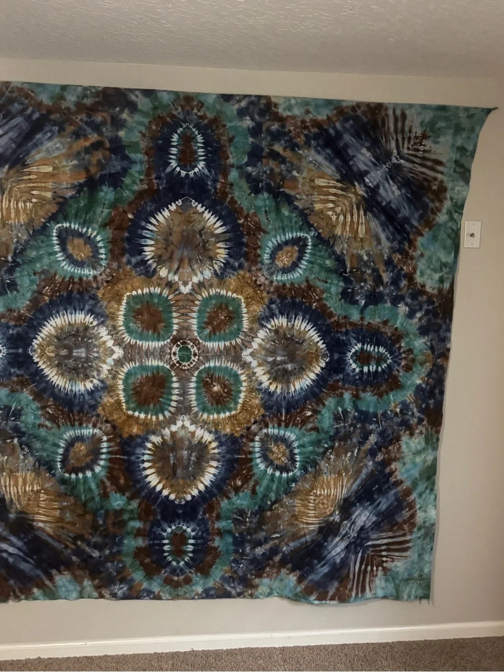 Handmade Tie-Dye Wall Tapestry in Teal, Navy and Brown